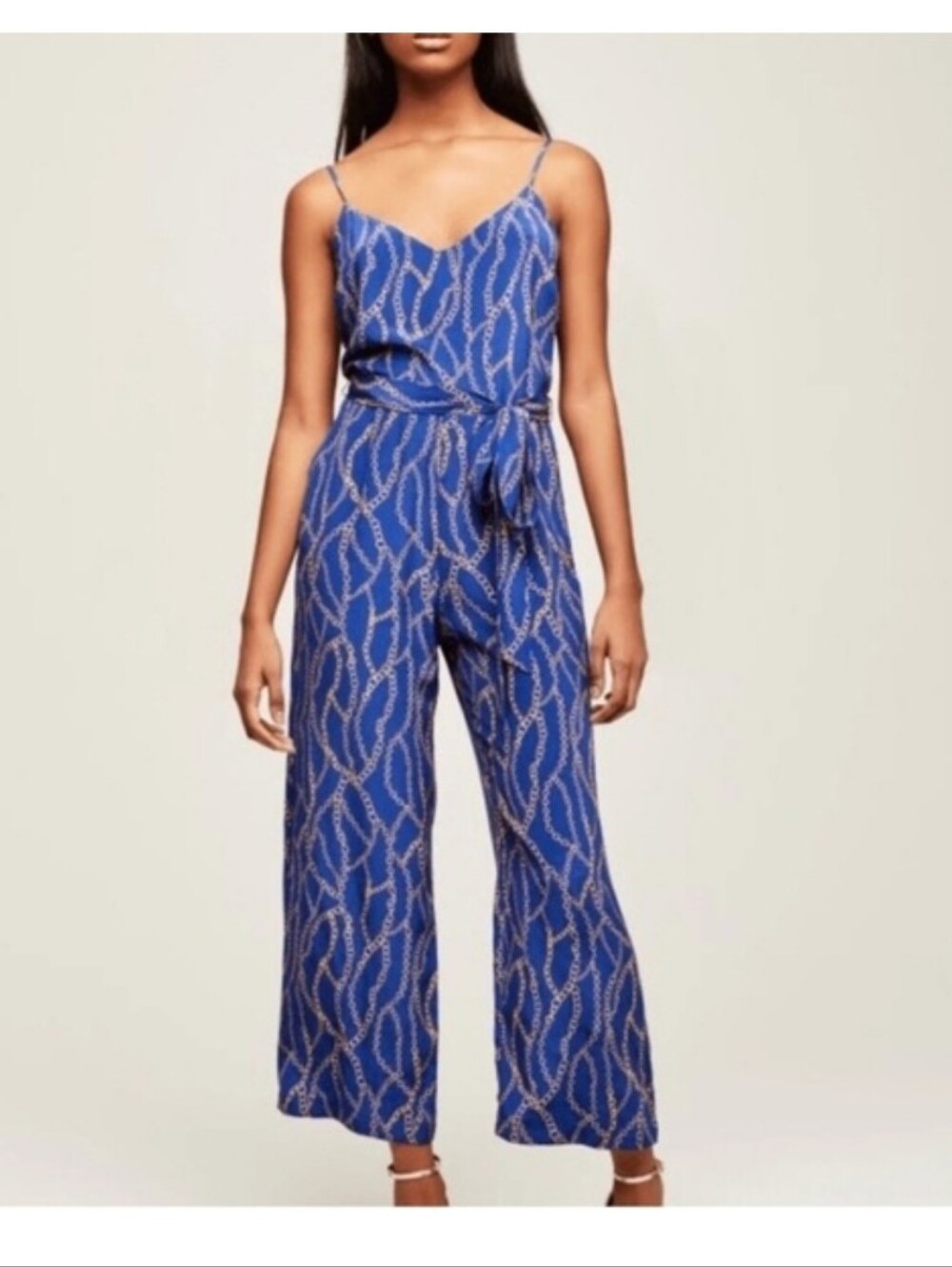 L'agence Blue Jackie Chain-Print Spaghetti-Strap Jumpsuit with Waist Tie